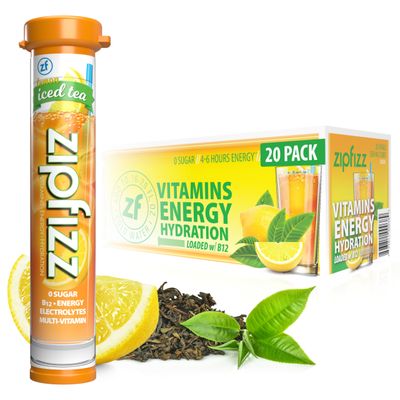 Zipfizz Daily Energy Drink Powder, Lemon Iced Tea, 20 Pack | 3-in-1 Sustained Energy, Rapid Hydration, and Essential Vitamins | Sugar-Free | Electrolyte Powder | Contains Vitamin B-12 &amp; Antioxidants