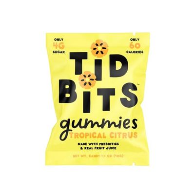 TiDBiTS Gummy Candies with Low Sugar (4g), Low Calorie (60), No Artificial Sweeteners, Plant-Based Fiber, Prebiotics, Real Fruit Juice, Healthy Snack (Tropical Citrus, Pack of 6)