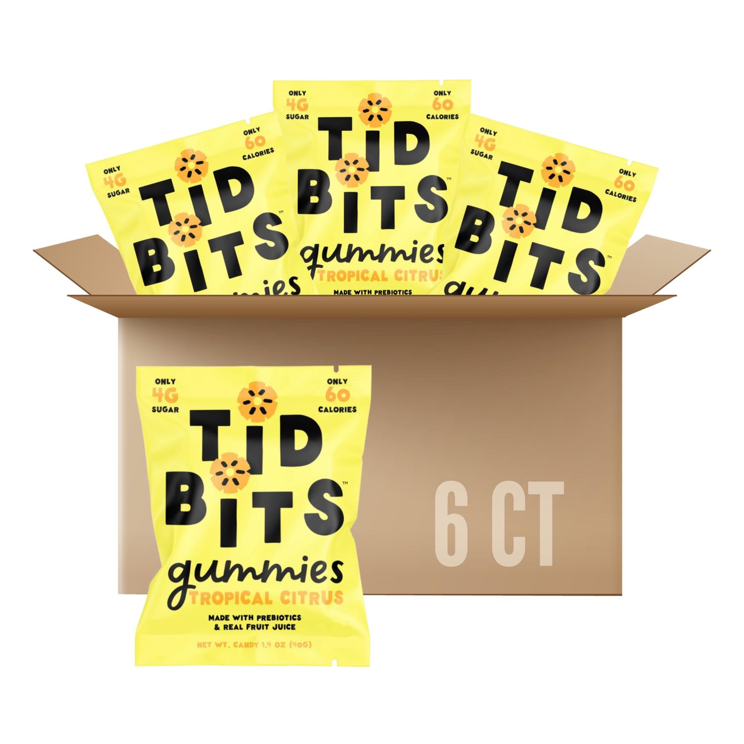 TiDBiTS Gummy Candies with Low Sugar (4g), Low Calorie (60), No Artificial Sweeteners, Plant-Based Fiber, Prebiotics, Real Fruit Juice, Healthy Snack (Tropical Citrus, Pack of 6)