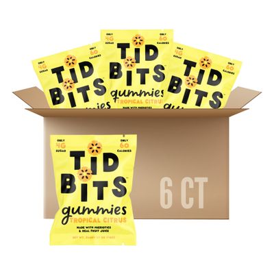 TiDBiTS Gummy Candies with Low Sugar (4g), Low Calorie (60), No Artificial Sweeteners, Plant-Based Fiber, Prebiotics, Real Fruit Juice, Healthy Snack (Tropical Citrus, Pack of 6)