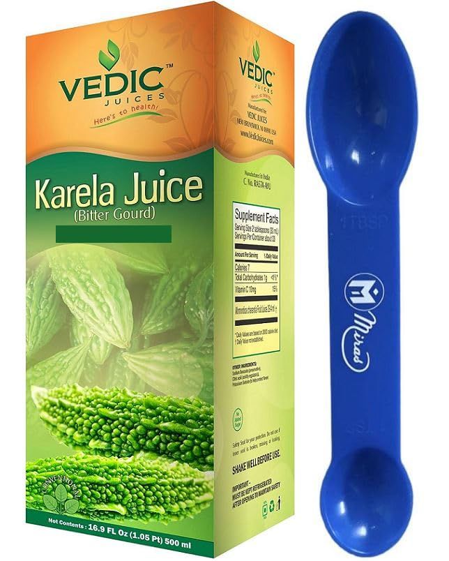 (Pack of 1) Vedic Karela Juice Bitter Gourd 500ml 16.9 Fl Oz (Miras Trademark 2-in-1 Measuring Spoon Included!)