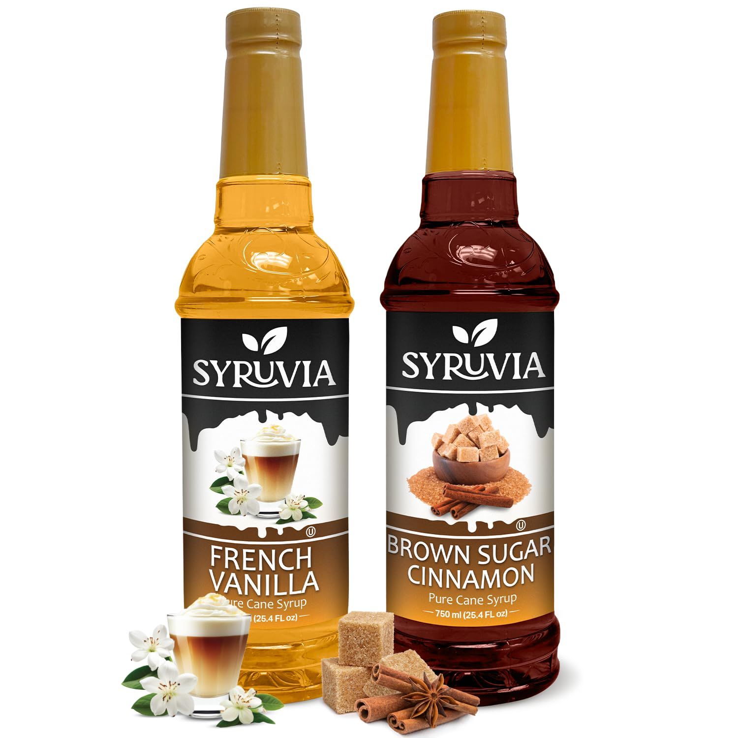 Syruvia Coffee Syrup Variety Pack - French Vanilla &amp; Brown Sugar Cinnamon- Gluten-Free, Kosher, 25.4 fl oz Bottles - Enhance Your Coffee Experience with Premium Flavoring Syrups