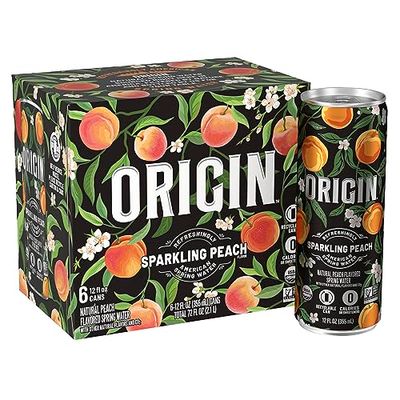 ORIGIN Organic &amp; Non-GMO Peach Flavor Sparkling Water, 12 Fl Oz, Recyclable Aluminum Cans (6 Count)