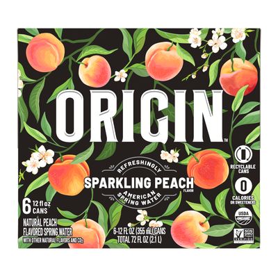 ORIGIN Organic &amp; Non-GMO Peach Flavor Sparkling Water, 12 Fl Oz, Recyclable Aluminum Cans (6 Count)