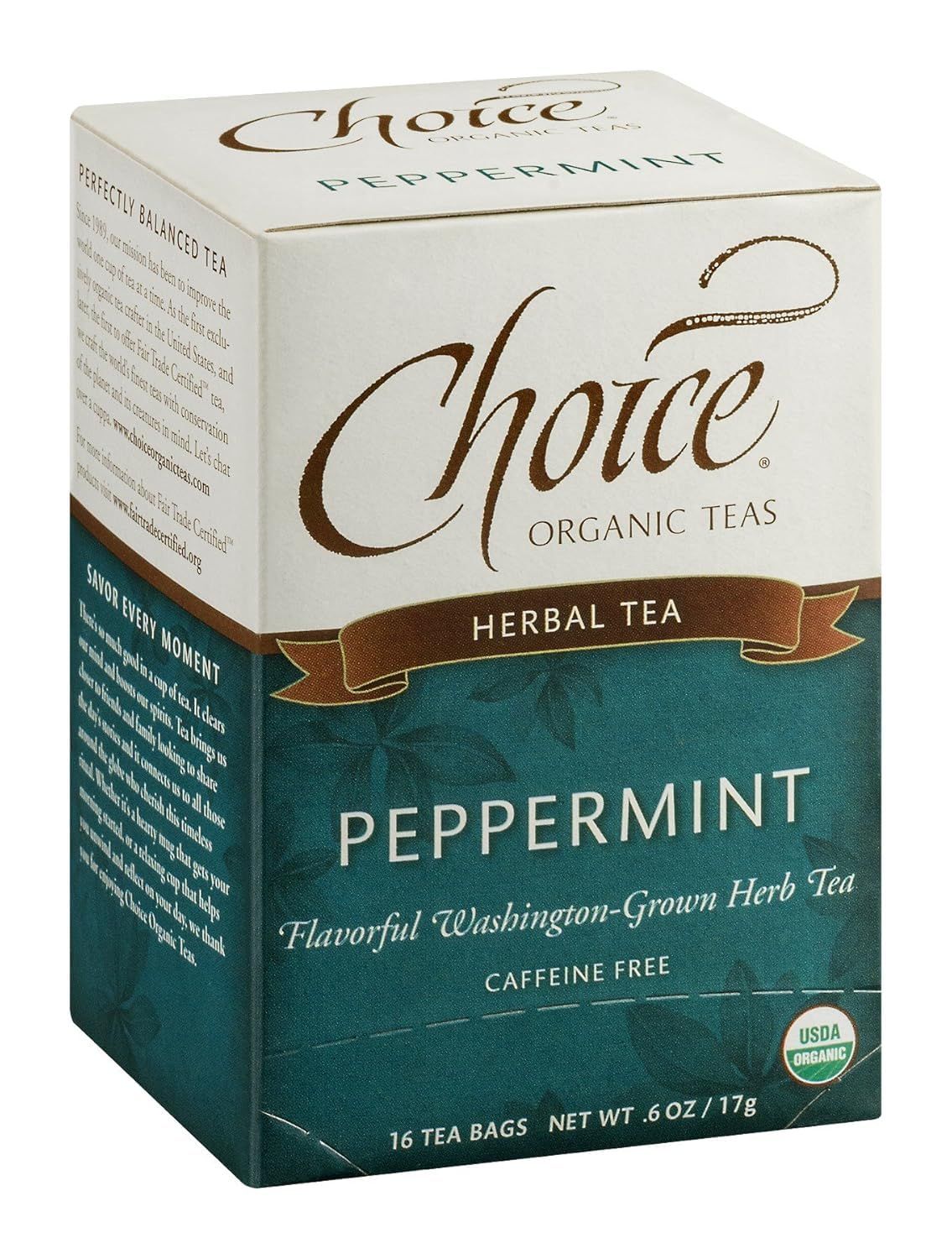 Choice Organics - Organic Peppermint Tea (1 Pack) - Compostable - Caffeine Free - 16 Organic Herbal Tea Bags