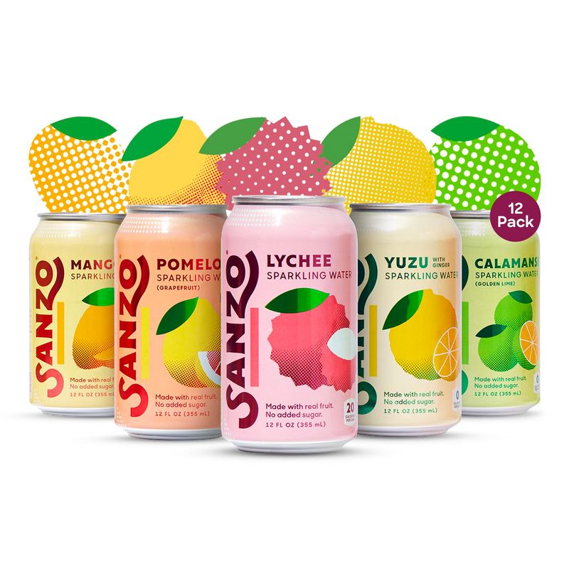 Sanzo Flavored Sparkling Water Variety 12-Pack - Lychee (Berry), Yuzu (Lemon), Pomelo (Grapefruit), Calamansi (Lime), &amp; Mango (Alphonso) - Made with Real Fruit, No Added &amp; Gluten Free - 12 Fl Oz