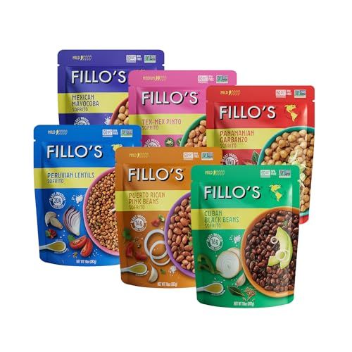 Fillo&#39;s Ready to Eat Beans &amp; Lentils Variety Pack | Black Beans, Lentils, Pinto Beans, Mayocoba Beans | Gluten-Free, Preservative-Free, Microwavable Meals, Non-GMO, Vegan, Plant Protein, 10 oz Pk of 6