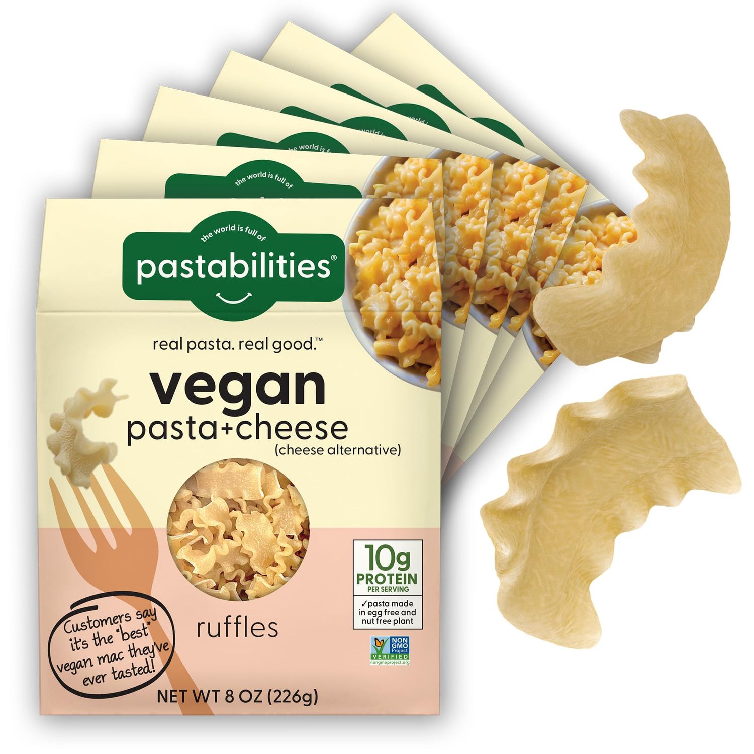 Pastabilities Vegan Ruffles - Mac and Cheese - Family Size - Serves 4, Wheat Based Pasta, Delicious Taste, Non GMO, Vegan Pasta and Cheese, 10g of Protein (6 Pack, 8 Oz)