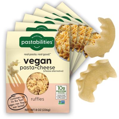 Pastabilities Vegan Ruffles - Mac and Cheese - Family Size - Serves 4, Wheat Based Pasta, Delicious Taste, Non GMO, Vegan Pasta and Cheese, 10g of Protein (6 Pack, 8 Oz)