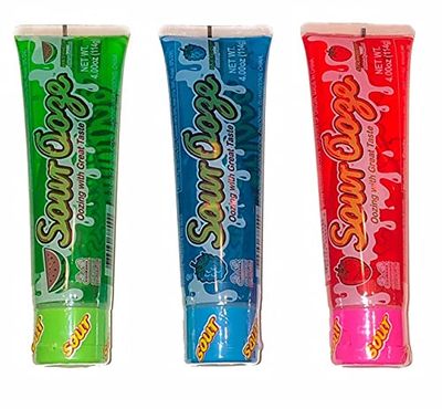 Ooze Tube Kidsmania Sour Ooze Tubes, Oozing Delicious Flavor, - 1 Watermelon, 1 Strawberry, 1 Blue Raspberry, 4oz (3 Pack)