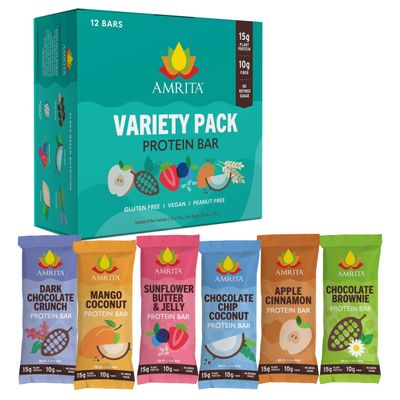 AMRITA Vegan Protein Bars Variety Pack (6 Flavors) | Peanut/Dairy Free, Soy &amp; Gluten Free | 15g Plant Based Protein Bars | High Fiber Low Sugar Meal Replacement Bar - Breakfast Bars, High Protein Bars