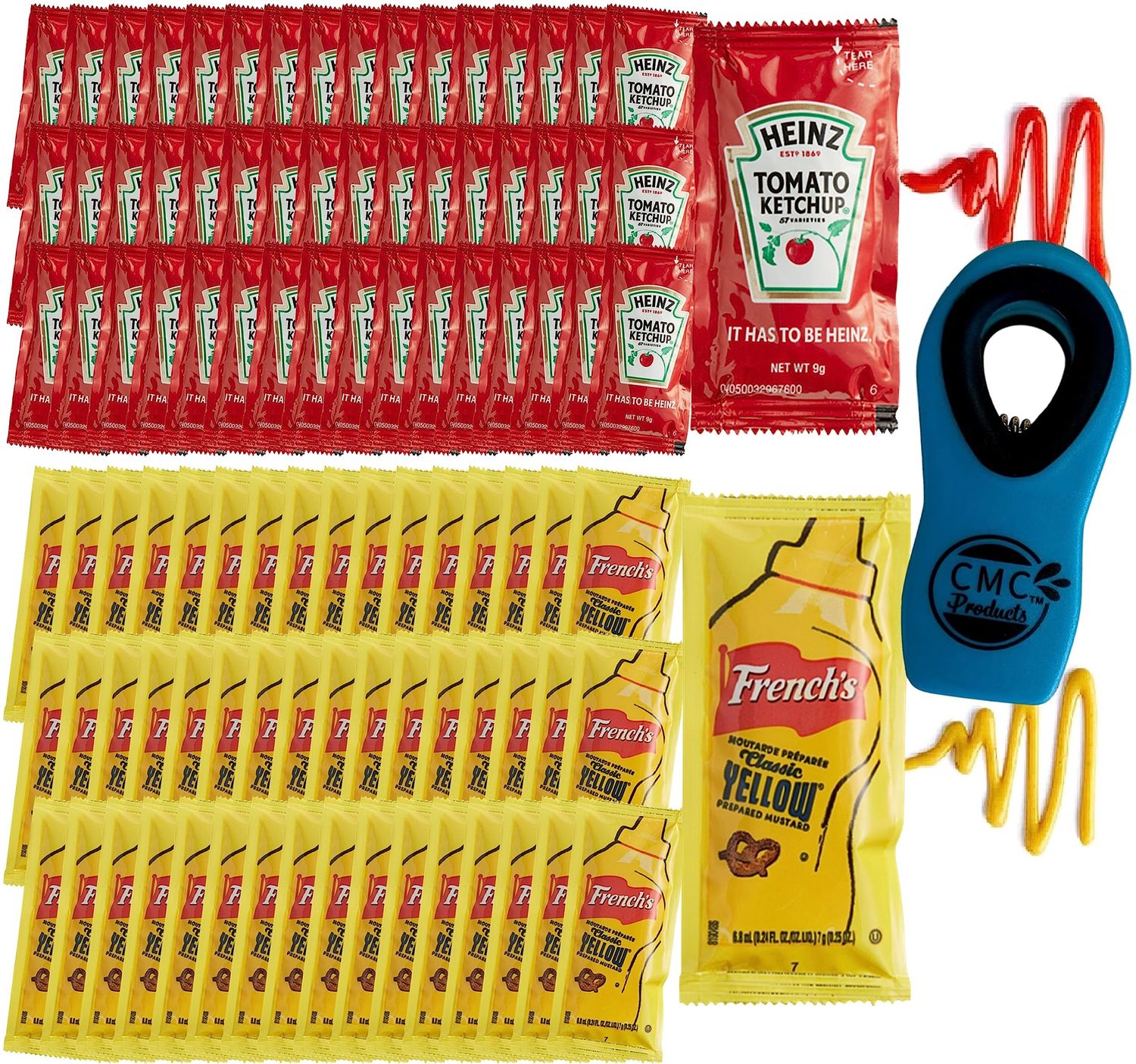 100 Count - 50 Ketchup Packets 9g &amp; 50 Mustard 7g Condement Packets - Bundle with CMC Products Bag Clip - Packaged by CMC Products