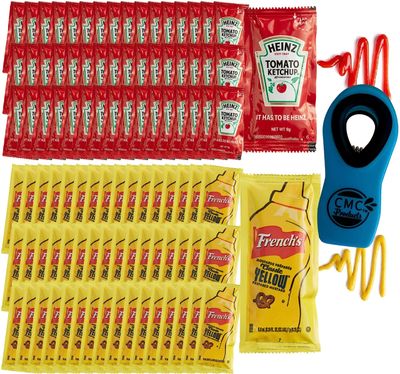 100 Count - 50 Ketchup Packets 9g &amp; 50 Mustard 7g Condement Packets - Bundle with CMC Products Bag Clip - Packaged by CMC Products
