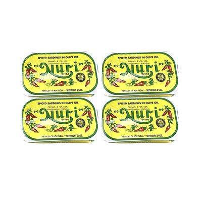 Nuri Portugese Sardines, Spicy, in Olive Oil 90g Each (Pack of 4)