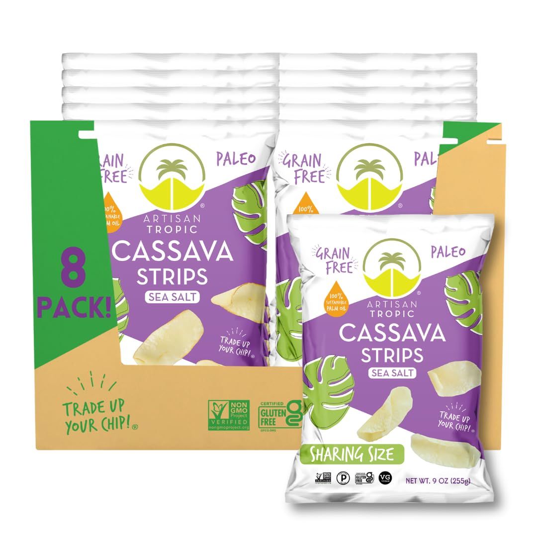 ARTISAN TROPIC Cassava Strips Sea Salt - 8 Pack, 9oz - Vegan, Paleo, Gluten Free Chips - Non-GMO Healthy Snack Potato Chip Alternative for Lunches, Dipping, Parties - Baked Cassava Flour Chips