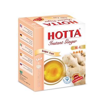 HOTTA Instant 100% Ginger Drink Powder No Sugar Soothes Throat Caffeine Free Easy to Brew Drink Like a Tea Hot or Cold Tea Real Asian Ginger, 10 Sachets