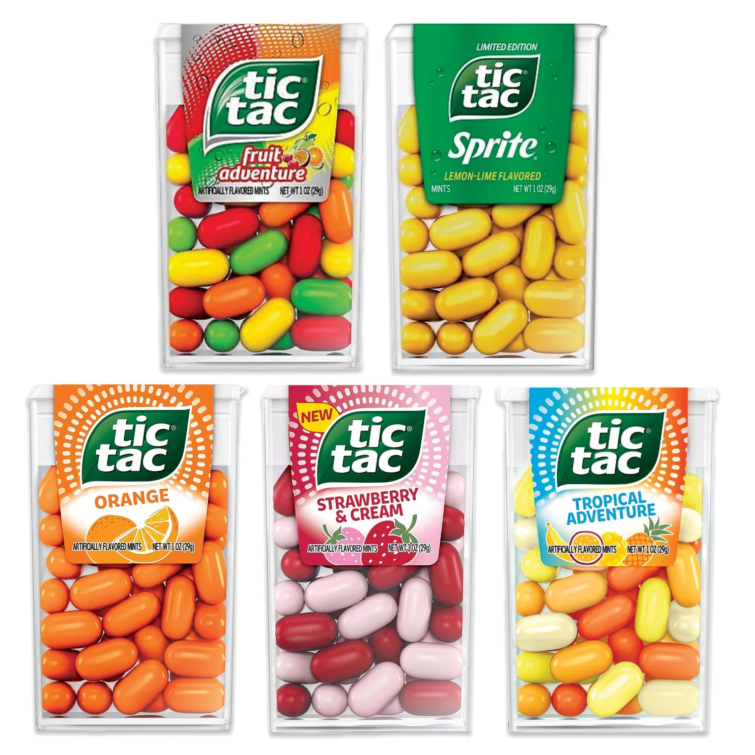 Tic Tacs Variety Pack of 5 Fruity Flavors- Includes Orange Tic Tac, Tic Tac Fruit Adventure, Berry Adventure Tic Tacs, Strawberry and Cream Tic Tacs, and Tic Tac Tropical Adventure by Snackivore.