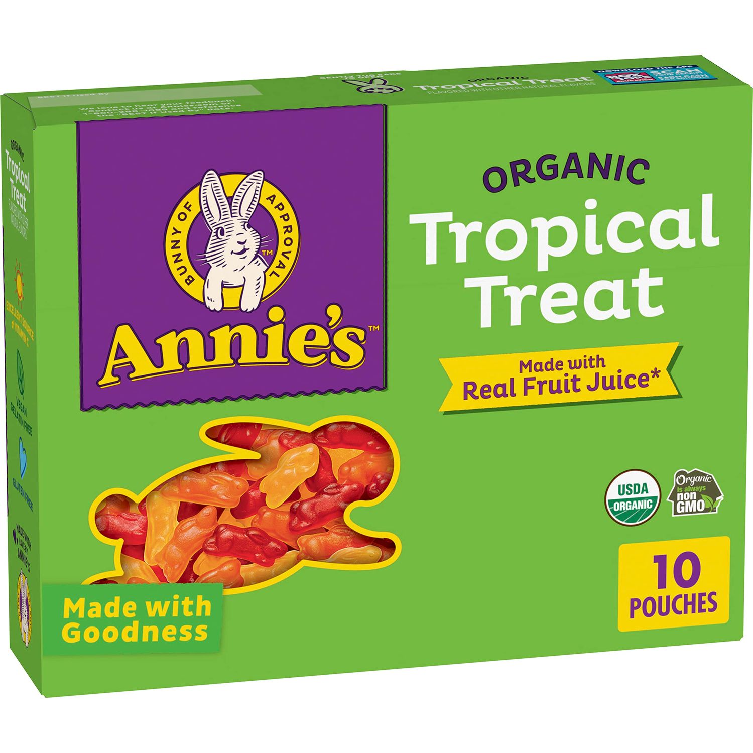 Annie&#39;s Organic Bunny Fruit Flavored Snacks, Tropical Treat, Gluten Free, 10 Pouches, 7 oz