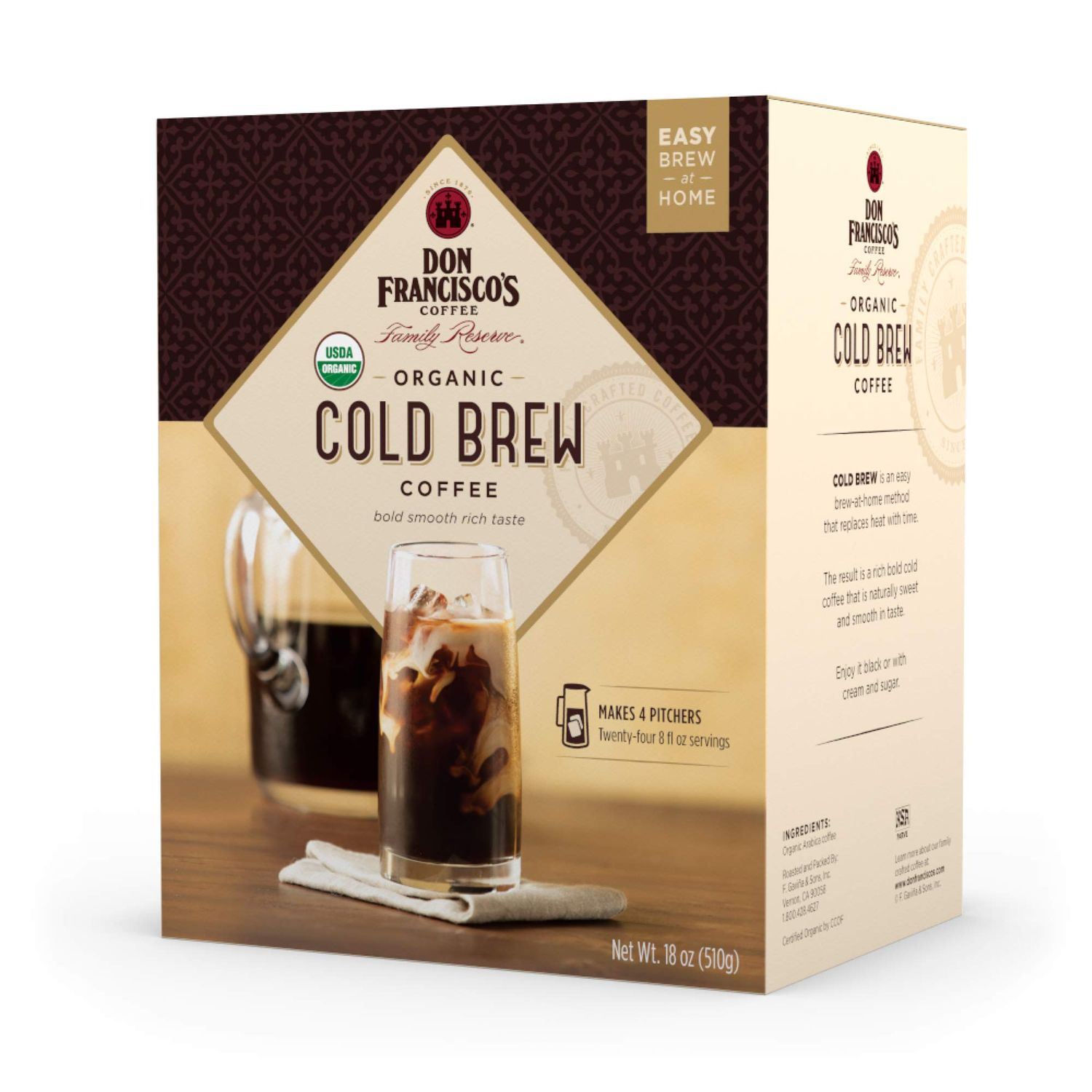 Don Francisco&#39;s Organic Cold Brew Coffee Pitcher Packs - Premium 100% Arabica Beans, Medium-Dark Roast, Easy Brew at Home, Makes 4 Pitchers (8 Packs) - Smooth, Rich Taste with Chocolate Notes.