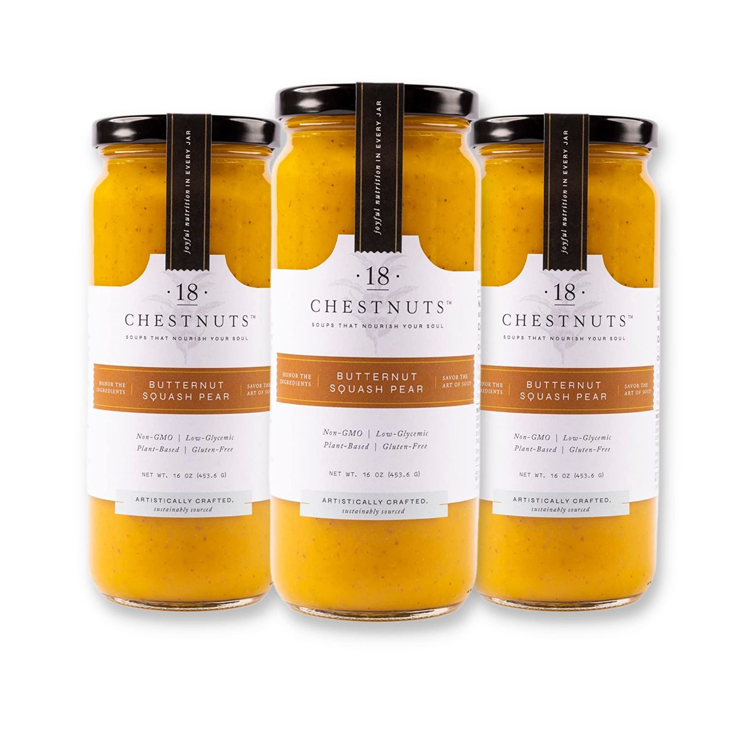 18 Chestnuts Plant Based Soup - Butternut Squash Pear Soup Bundle, Plant Based &amp; Gluten Free - 3 Jar Pack (16oz)