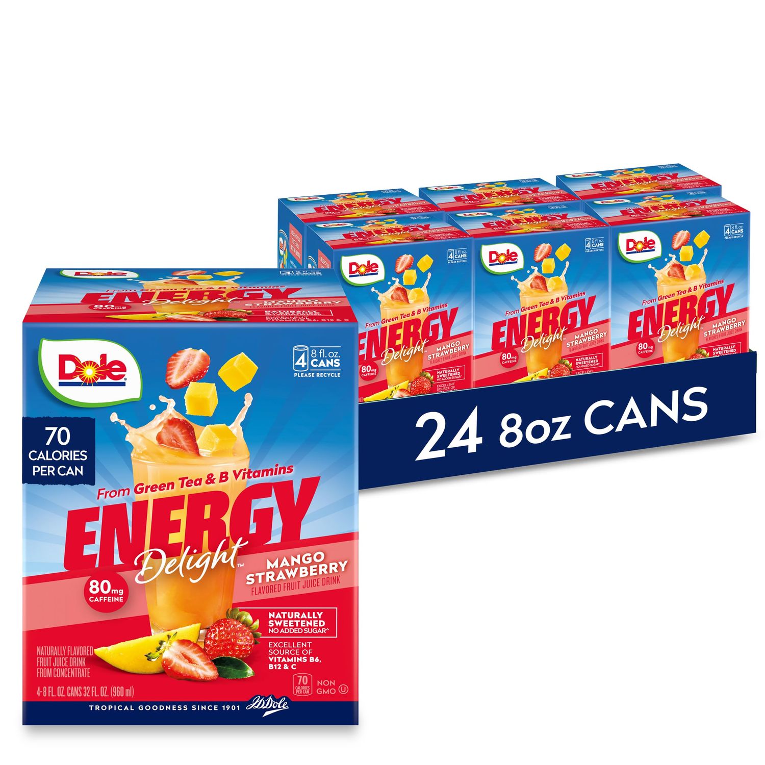 Dole Energy Delight Flavored Fruit Juice Drink, Mango Strawberry, No Added Sugar, Excellent Source of Vitamins B6, B12 &amp; C, From Green Tea &amp; B Vitamins, 80mg Caffeine, 8 Fl Oz (Pack of 4), 24 Cans