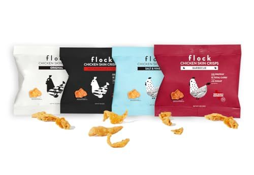 Flock Keto Chicken Skin Chips | 4 Flavors Variety Pack | Low Carb, High Protein, Sugar Free, Gluten Free Fried Chicken Skins | Chicken Chips for People | (1oz) 8-Pack Crispy Chicken Flock Chips