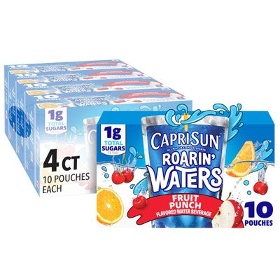 Capri Sun Roarin&#39; Waters Fruit Punch Flavored with other natural flavor Water Beverage, 40 ct Pack, 4 Boxes of 10 Drink Pouches