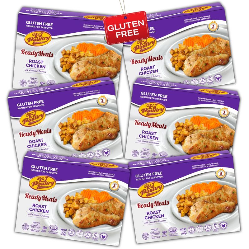 KJ Poultry Kosher for Passover Gluten Free Meals, Roast Chicken with Potato &amp; Carrots (6 Pack) Prepared Entree Fully Cooked, Shelf Stable Microwave Dinner, Travel Military Camping
