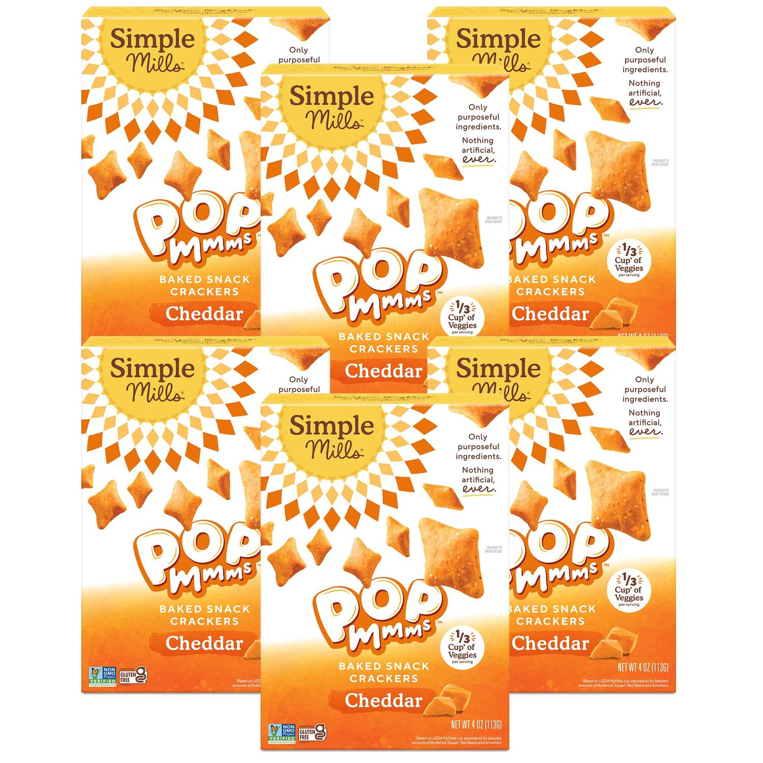 Simple Mills Pop Mmms Veggie Flour Baked Snack Crackers, Cheddar, Nothing Artificial, Kosher, Gluten Free &amp; Non-GMO, 4 Ounce (Pack of 6)