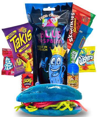 Blue Raspberry Pickle Kit With Takis-Mexican Candy (Dulces Mexicano) Gift Pouch with Takis, Fruit Roll up, gushers, Lucas Gusano Chamoy Sauce and more-Tiktok Trend Items by Food Crush
