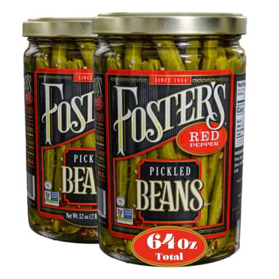 Foster&#39;s Pickled Green Beans- Red Pepper- 32oz (2 Pack) - Pickled Green Beans in a Jar - Traditional Pickled Vegetables Recipe for 30 years - Gluten Free- Spicy Pickled Green Beans- No Preservatives