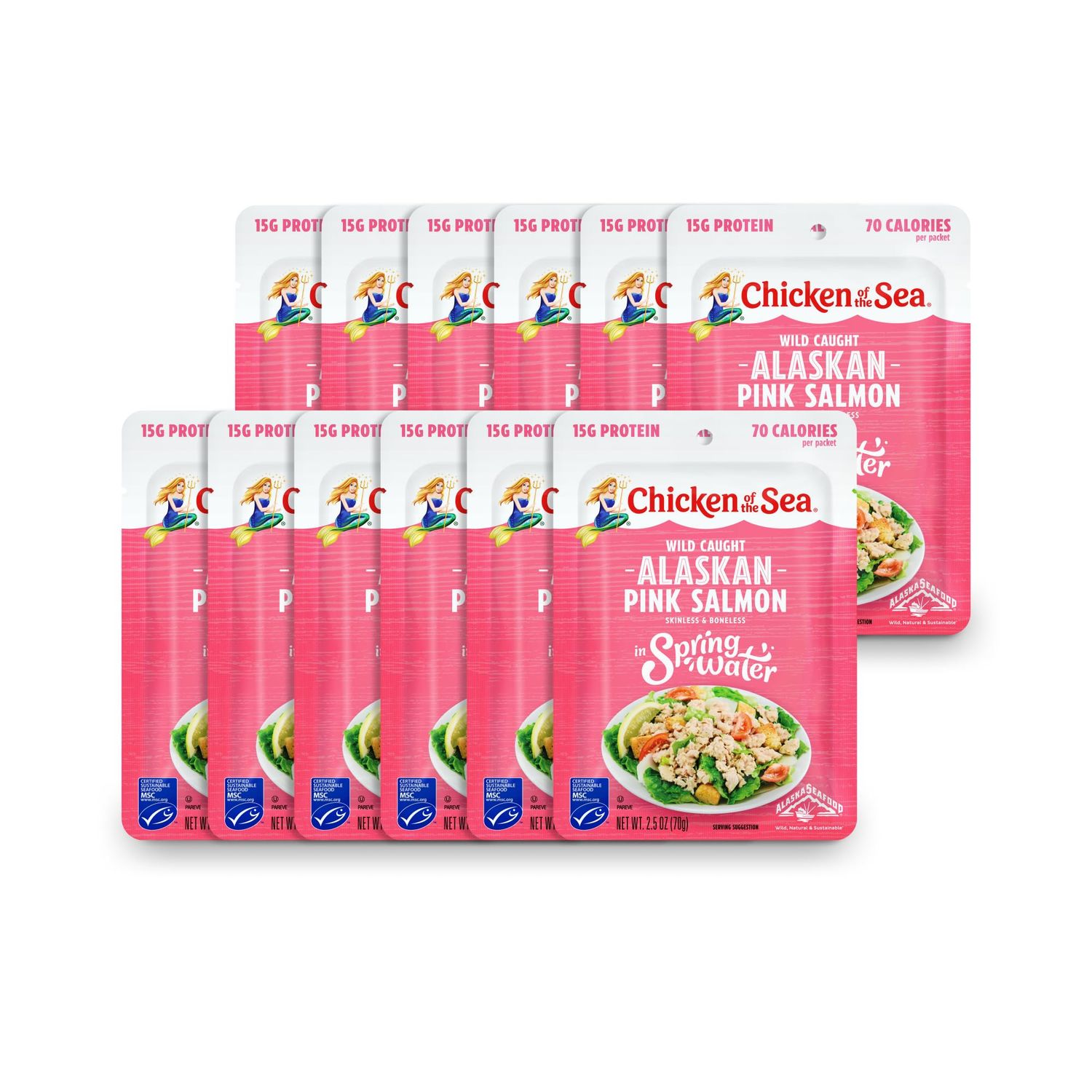 Chicken of the Sea Alaskan Pink Salmon in Spring Water, 2.5 Ounce Packets (Box of 12), Wild Caught, Skinless &amp; Boneless