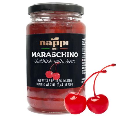 Nappi 1911, Maraschino Cocktail Cherries with Stem in Syrup, 13.76 oz (390 g) Jar, Product of Italy