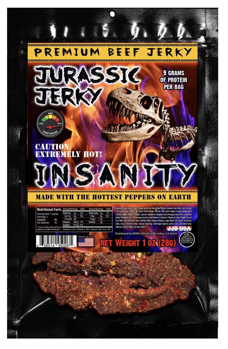 Jurassic Jerky Insanity Beef Jerky - made with the Ghost, Habanero &amp; Carolina Reaper the Hottest Pepper on Earth! Can you handle the Heat? - (1) 1 oz bag