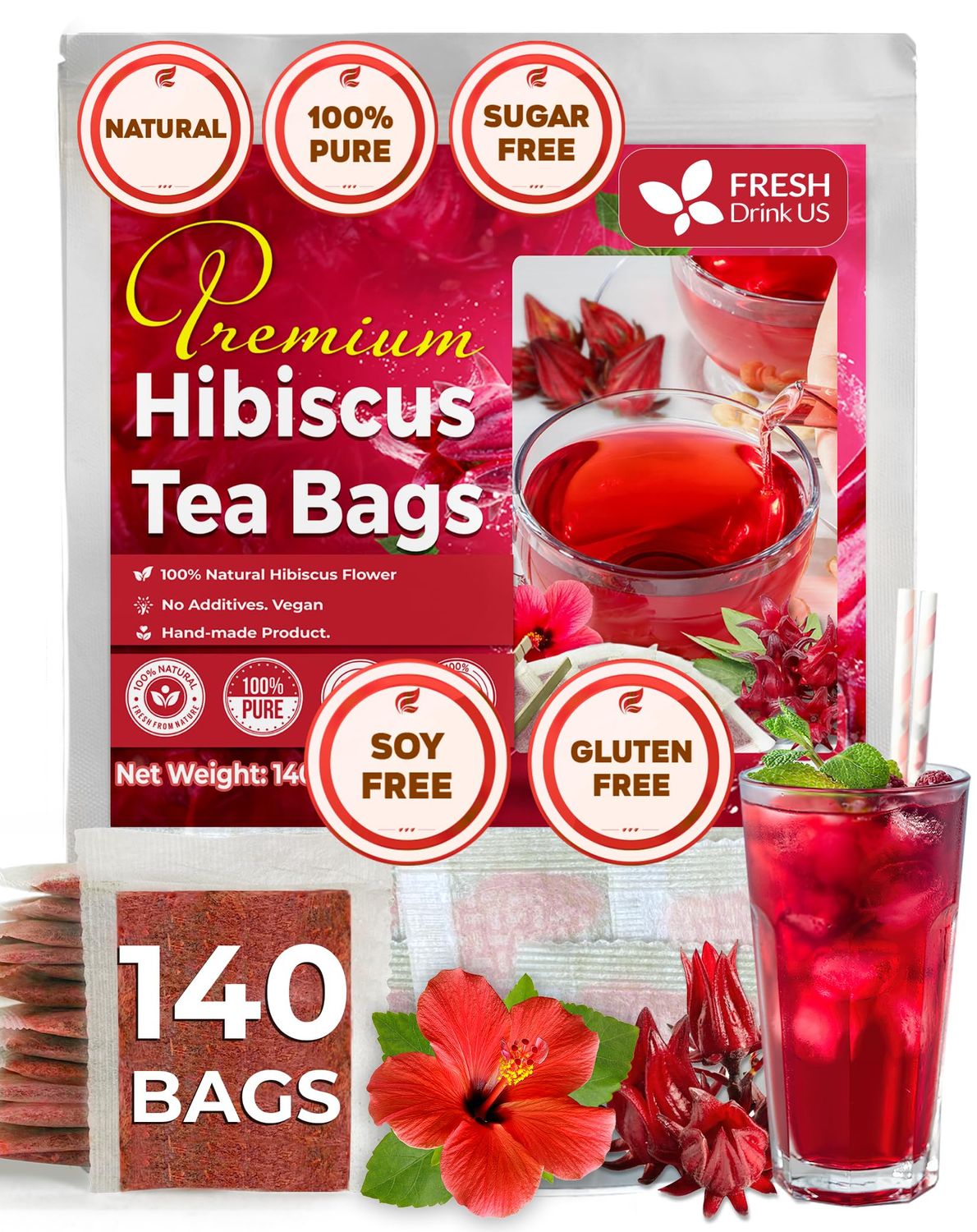FreshDrinkUS, Premium 140 Hibiscus Flowers Tea Bags, 100% Natural, Pure from Hibiscus Flowers. Loose Flower Hibiscus Herbal Tea. Hibiscus Flower Tea. No Sugar, No Caffeine, No Gluten, Vegan.