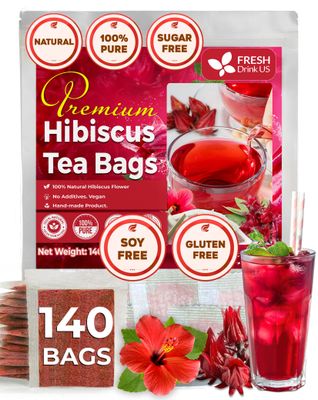 FreshDrinkUS, Premium 140 Hibiscus Flowers Tea Bags, 100% Natural, Pure from Hibiscus Flowers. Loose Flower Hibiscus Herbal Tea. Hibiscus Flower Tea. No Sugar, No Caffeine, No Gluten, Vegan.