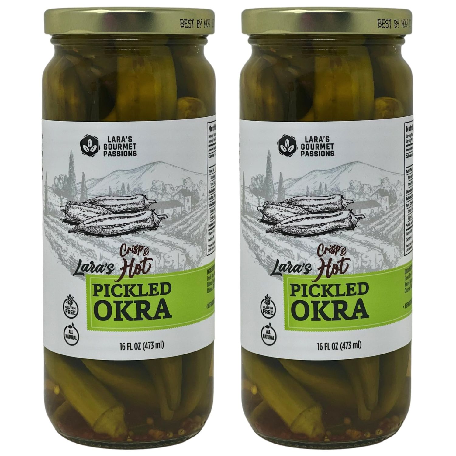 Lara&#39;s Crisp and Hot Pickled Okra - (Pack of 2, 16 fl oz each) - Zesty Southern Style Spicy Okra, Ideal for Charcuterie Boards, Gourmet Snacks, and Cocktails - Gluten-Free, All-Natural, Vegan-Friendly