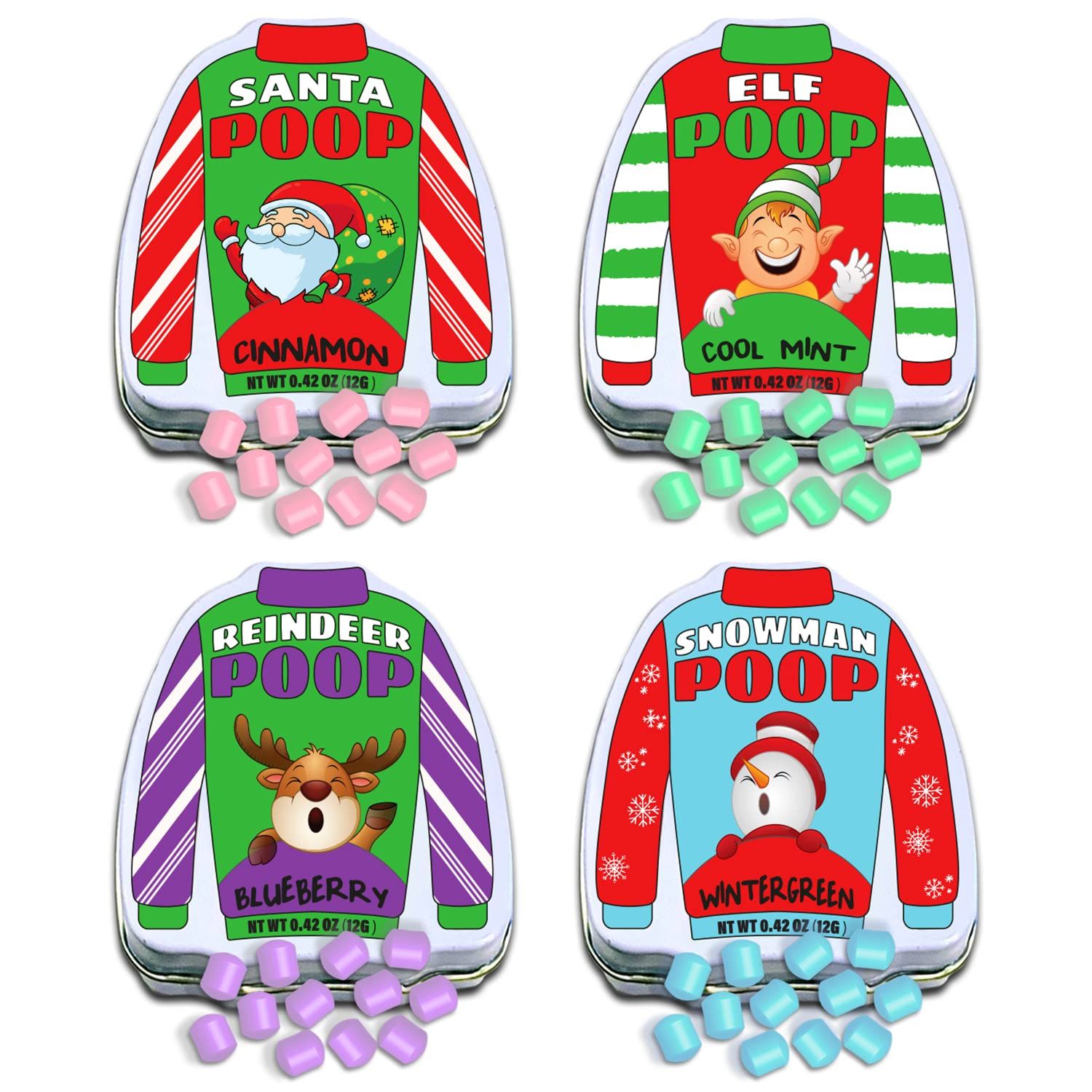 Christmas Poop Mint Candy 4-Pack in Ugly Sweater Tins - Funny Christmas Candy, Stocking Stuffers for Adults, and Teens - Fun Breath Mints, Unique Christmas Gifts.
