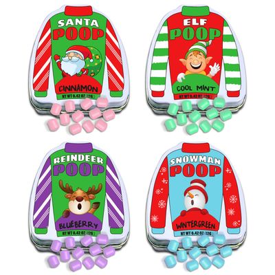 Christmas Poop Mint Candy 4-Pack in Ugly Sweater Tins - Funny Christmas Candy, Stocking Stuffers for Adults, and Teens - Fun Breath Mints, Unique Christmas Gifts.
