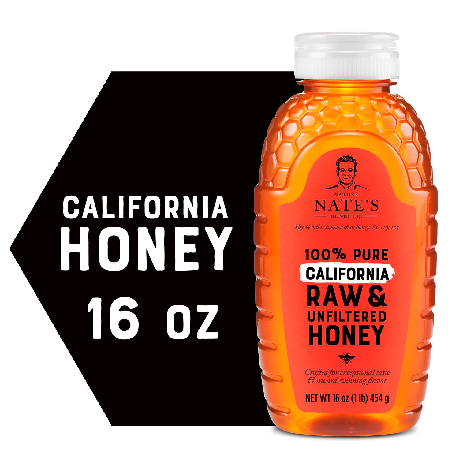 Nate&#39;s California 100% Pure, Raw &amp; Unfiltered Honey - 16 oz. Squeeze Bottle - All-natural Sweetener