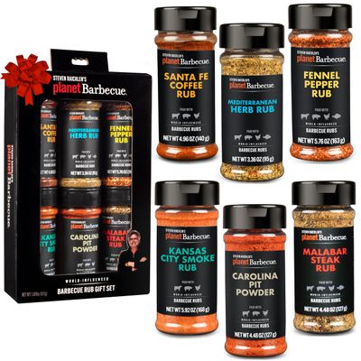 Steven Raichlen&#39;s Planet Barbecue Gourmet BBQ Rubs &amp; Spices Gift Box 6 Pack- Grill Seasonings Set with Worldwide Flavors- Great Grilling Gift for Men