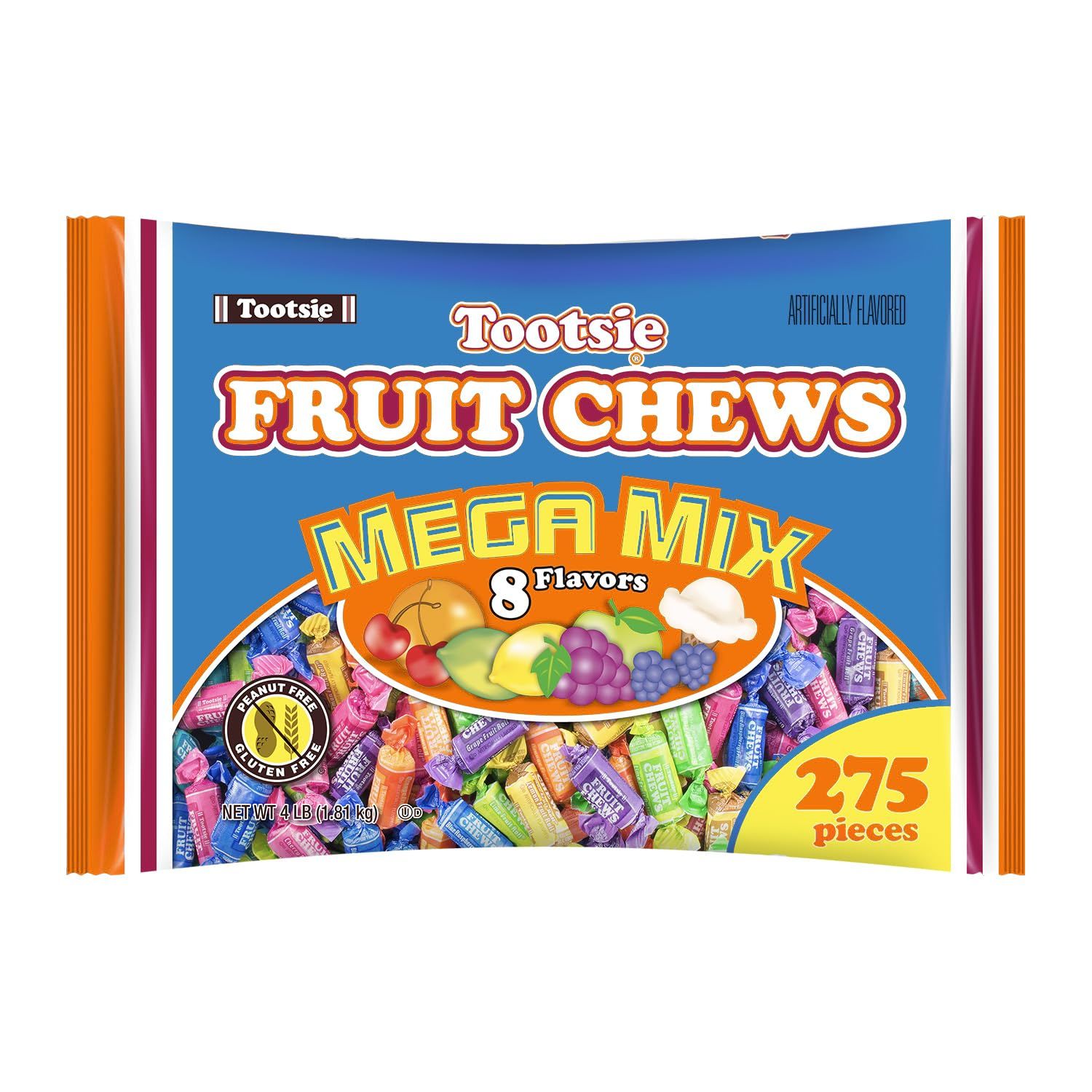 Tootsie Roll Fruit Chews Mega Mix 8 Flavors- 4 Pounds of Soft Fruity Rainbow Candy - 5 Classic Flavors Plus 3 BONUS - Peanut and Gluten Free (275 Pieces) Packaging May Vary