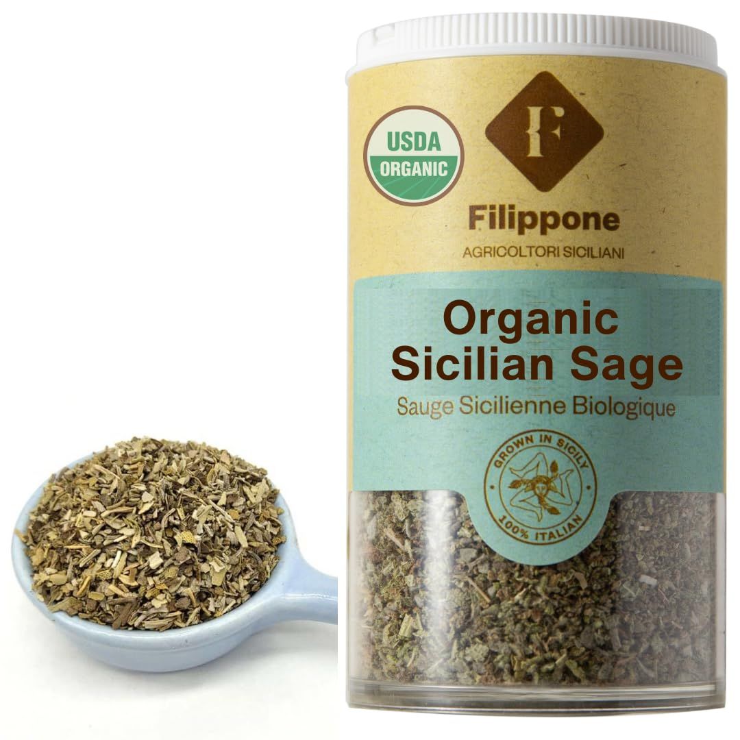 Filippone Organic Crushed Sage, 20 g (0.70 oz), Italian Shaker Dried Sage Flakes, Freshly grown in the mountain of Sicily, Sicilian Salvia, Sage Herb, Spices, Certified USDA Organic