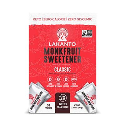 Lakanto Classic Monk Fruit Sweetener with Erythritol Packets - White Sugar Replacement, Zero Net Carbs, Zero Calorie, Sweeten on the Go, Coffee, Lemonade, Tea, Desserts - Classic (3g - 30 Count)