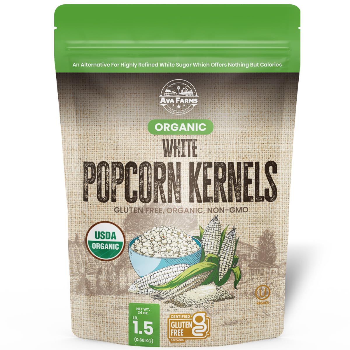 Ava Farms Organic White Popcorn Kernels - 24 OZ. Bag Gluten-Free, Non GMO - Natural, Healthy, Kosher Popping Corn - UnPopped