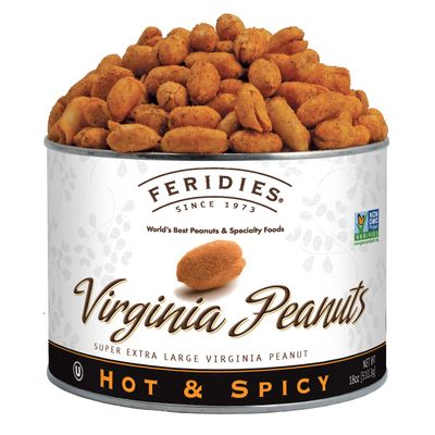 FERIDIES Extra Large Hot And Spicy Virginia Peanuts (18oz CAN 1.125 Pound Pack Of 1) Cooked In Pure Peanut Oil, Lightly Salted, No Cholesterol