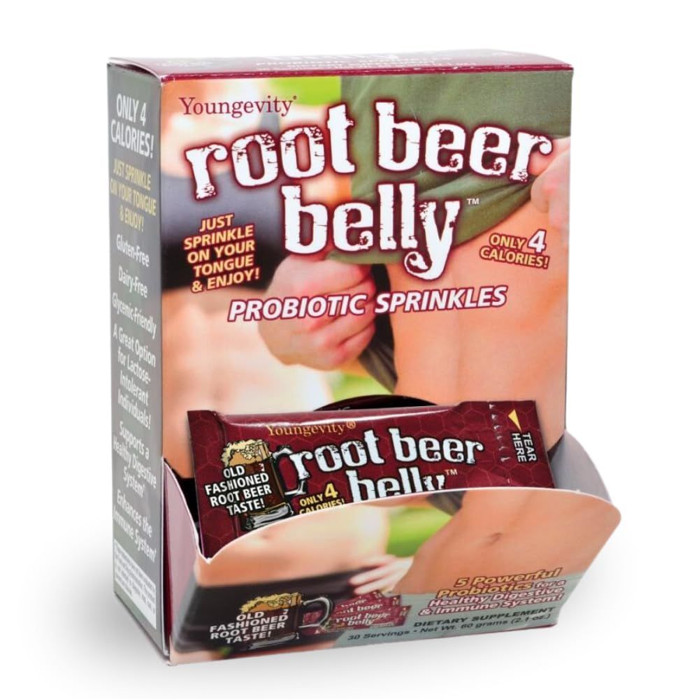 Youngevity Root Beer Belly Probiotic Sprinkles - Kid Friendly Old Fashioned Root Beer Taste - 5 Billion CFU - 5 Powerful Strains - Bowel &amp; Digestive Support - 30 Count