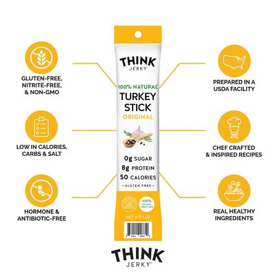 Think Jerky, All-Natural Turkey Sticks (0.5 Ounce Sticks, Pack of 20 Sticks) - Sugar Free, Gluten Free, Non GMO, No Nitrates, Keto Friendly, Paleo, High Protein, Low Carb