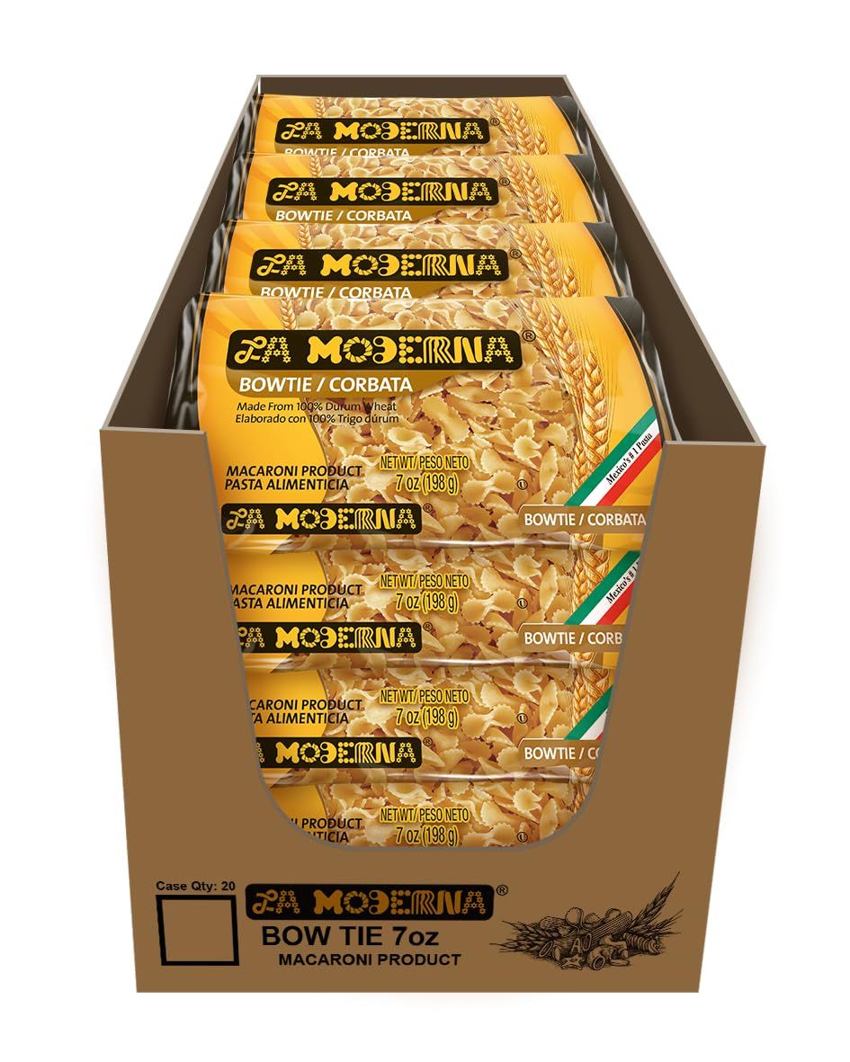 LA MODERNA, Corbata, Pasta, Hecha con Smola de Trigo Durum, Enriquecida con Vitaminas y Hierro, 7 oz, Pack de 20