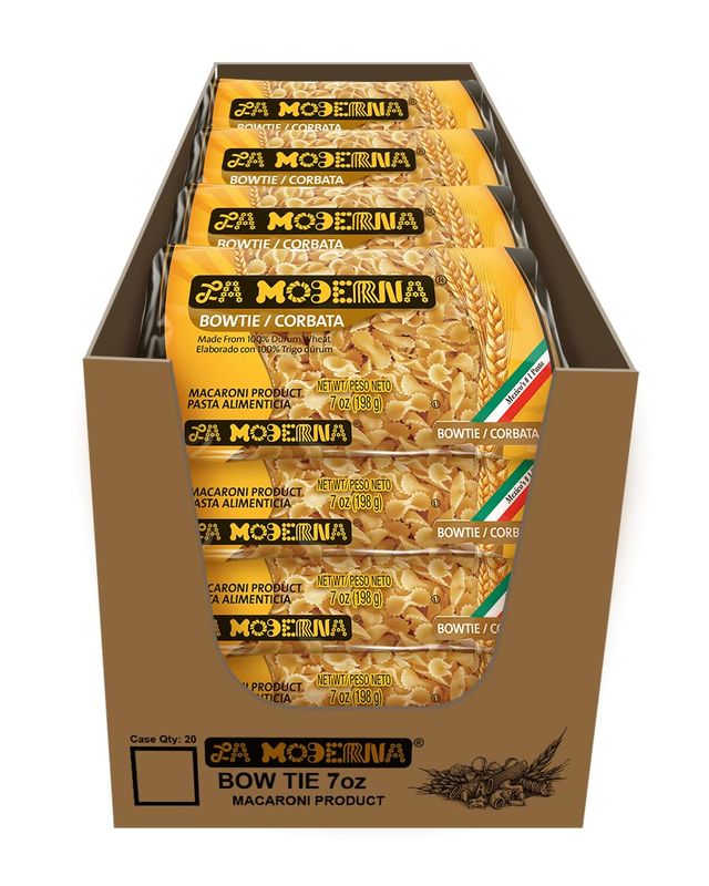 LA MODERNA, Corbata, Pasta, Hecha con Smola de Trigo Durum, Enriquecida con Vitaminas y Hierro, 7 oz, Pack de 20